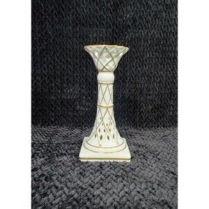 Vintage Arnart Porcelain Pierced Lattice Candle Holder White & Gold 1950s–1980s